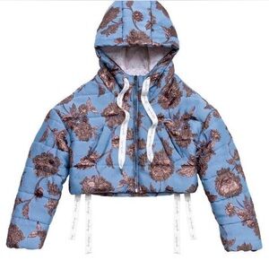 Agua Bendita Light Blue Cropped Puffer with Metallic Bronze Floral Embroidery
